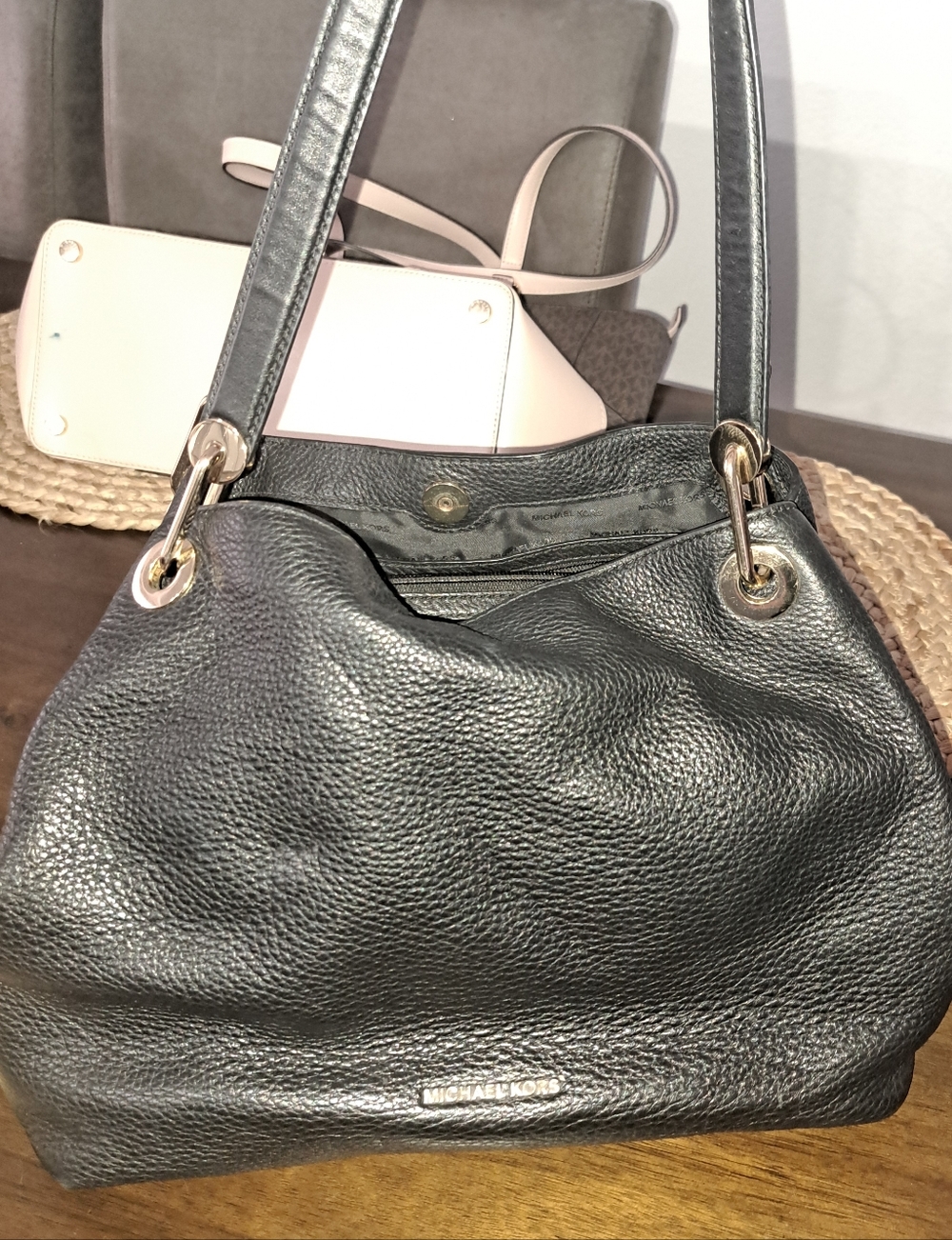 Michael Kors Black Pebbled Leather Shoulder Tote with Gold Hardware